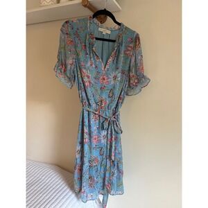 LOFT Floral‎ Print Dress Women's Medium Blue Red Green Sheer Belted